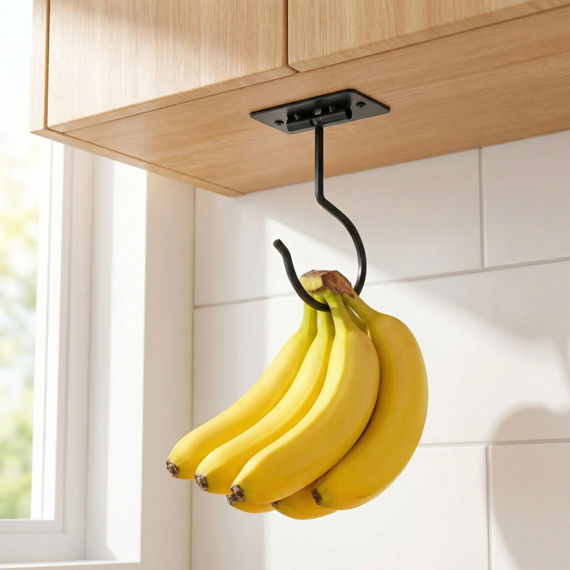 Kitchen Zo - Czarny metalowy samoprzylepny haczyk bananowy, składany
